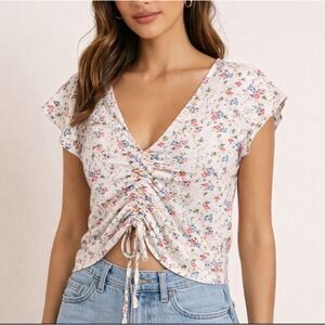 Floral Ruched Drawstring Flutter Sleeve Crop Top Feminine Cottage Earthy Pretty